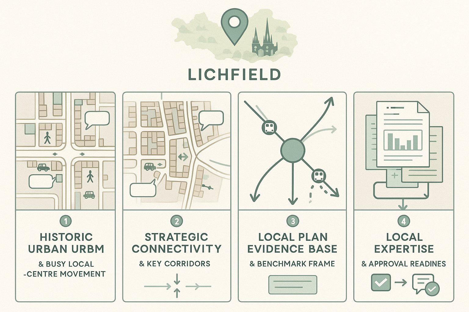 Infographic showing how local factors shape transport planning evidence in Lichfield.
