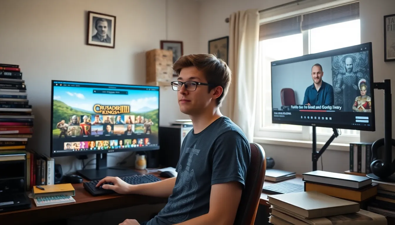 A man using a computer to explore Ck2Generator a gaming tool.