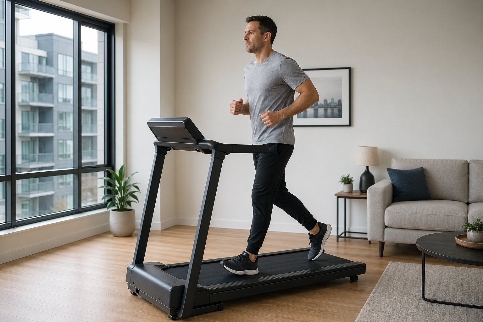Adult jogging on the best treadmill for apartment in a bright modern living room.