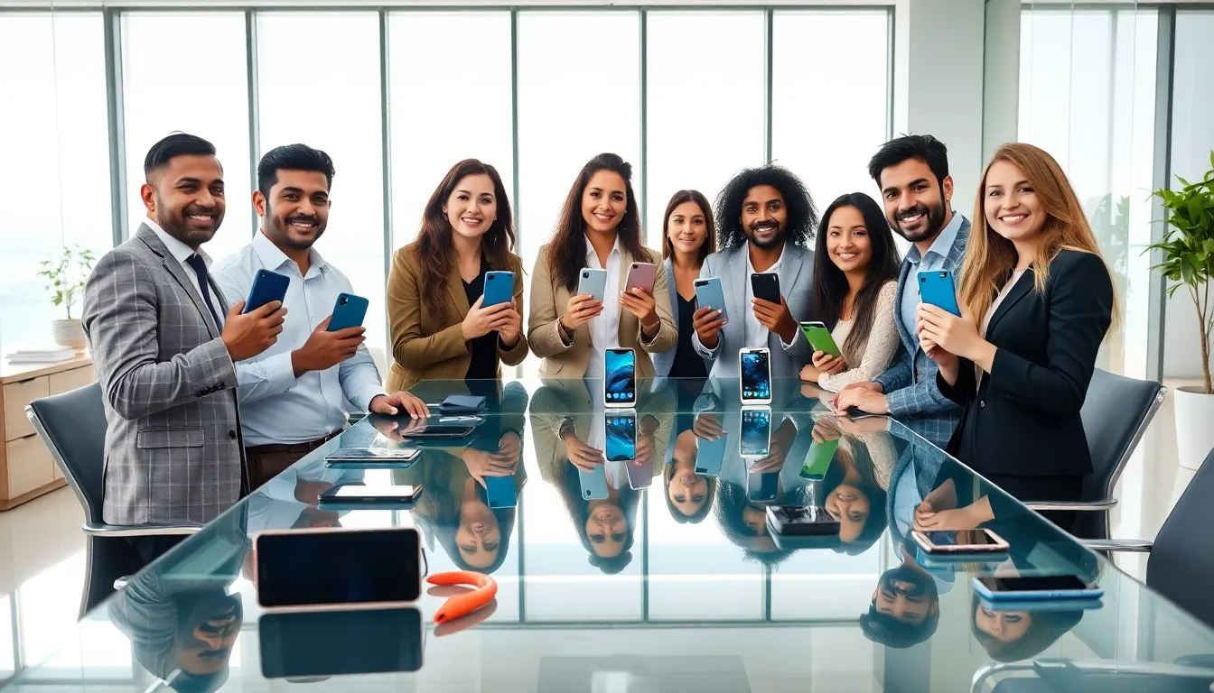 diverse team discussing Doogee phones in a modern office.