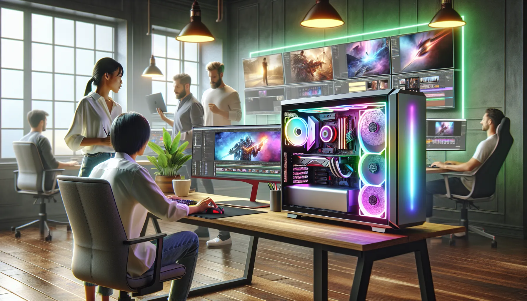 Diverse team collaborating in a modern workspace with a Doayods PC.