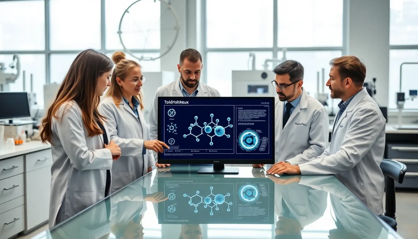 scientists collaborating in a modern lab about Tozdroilskeux material.