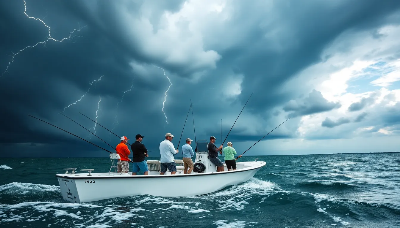 anglers fishing on a boat under stormy skies.
