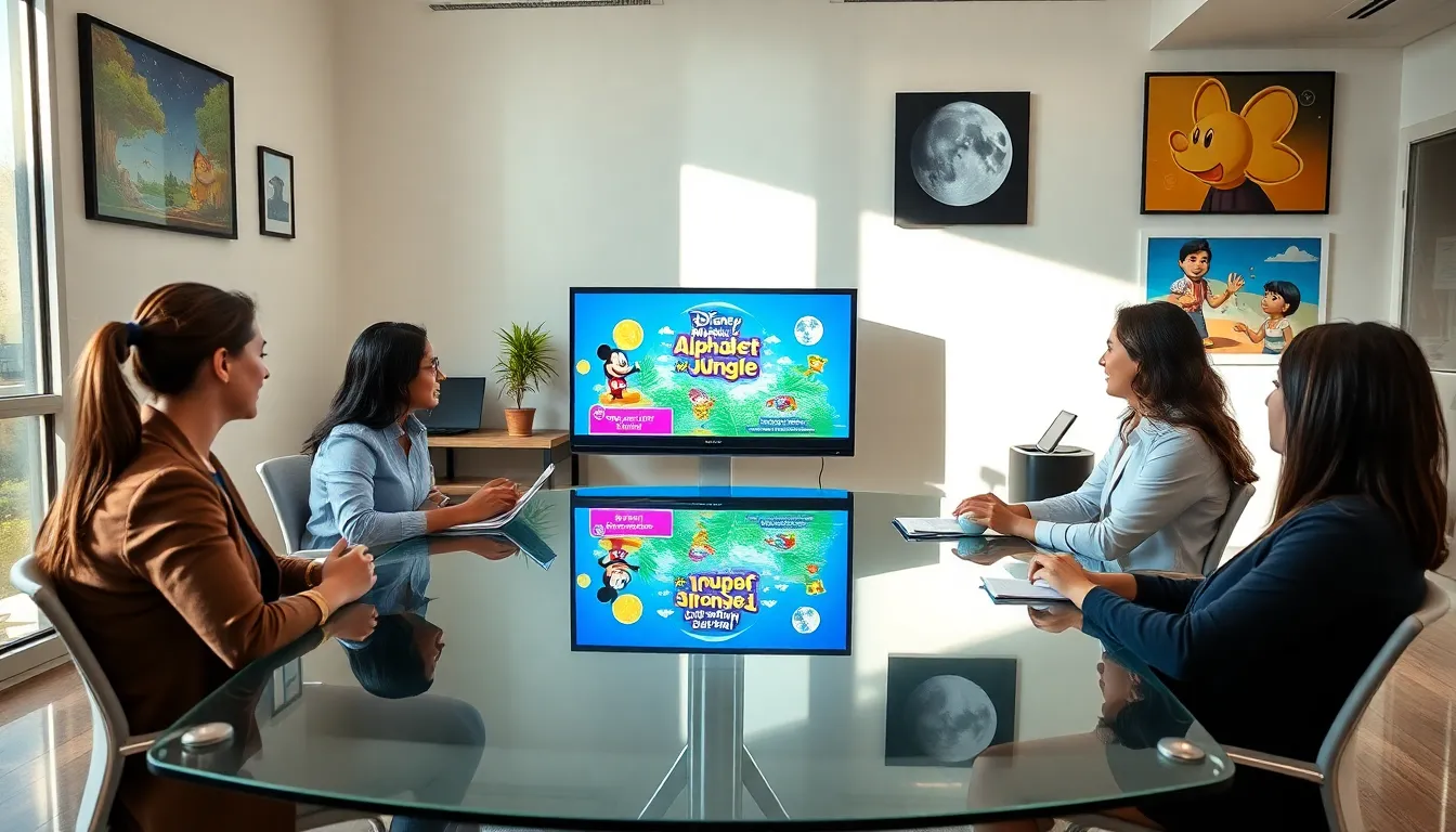 diverse team discussing Imagineer Games in a modern office.