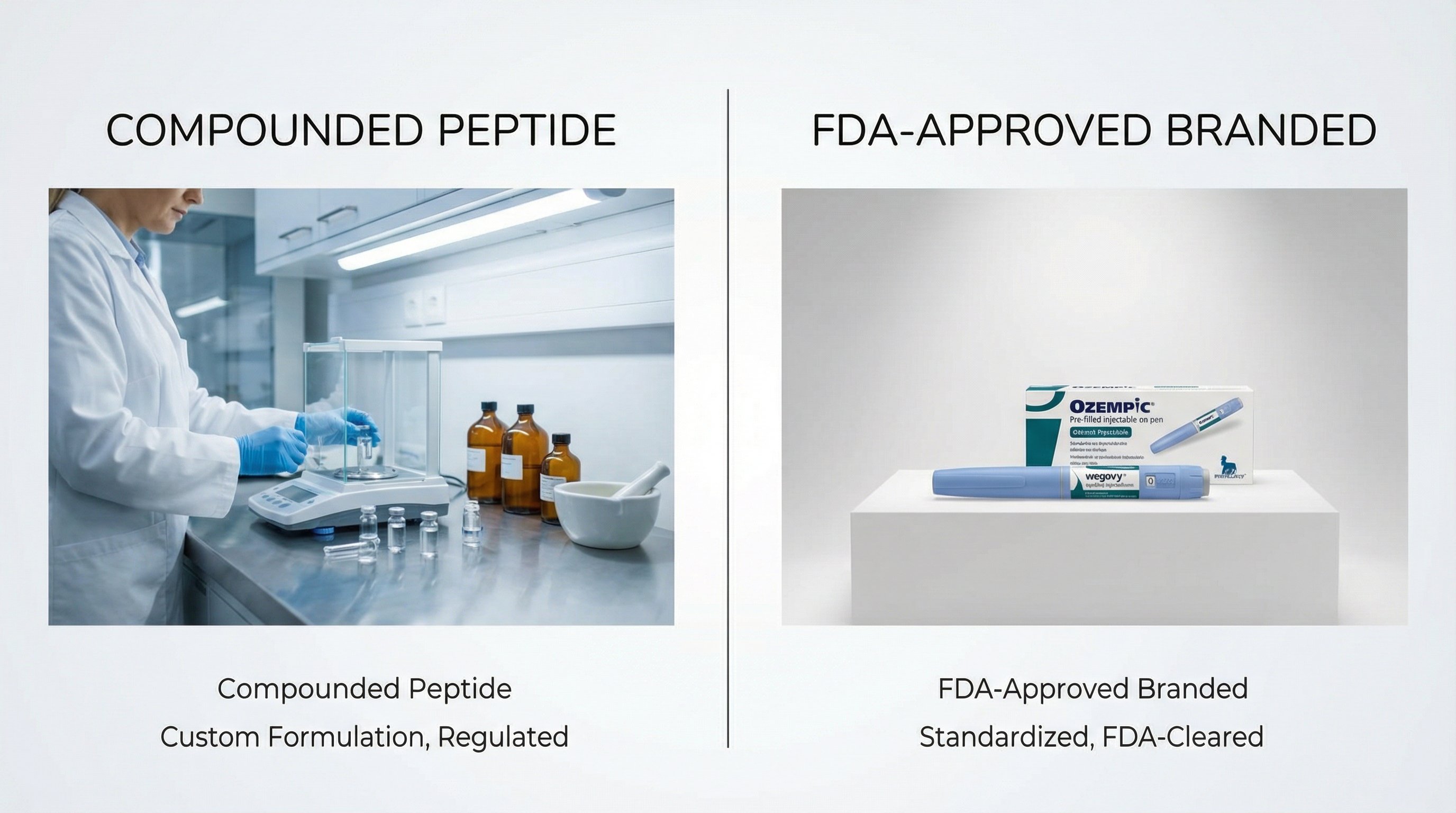 Split comparison of compounded pharmacy vials and FDA-approved semaglutide pen.