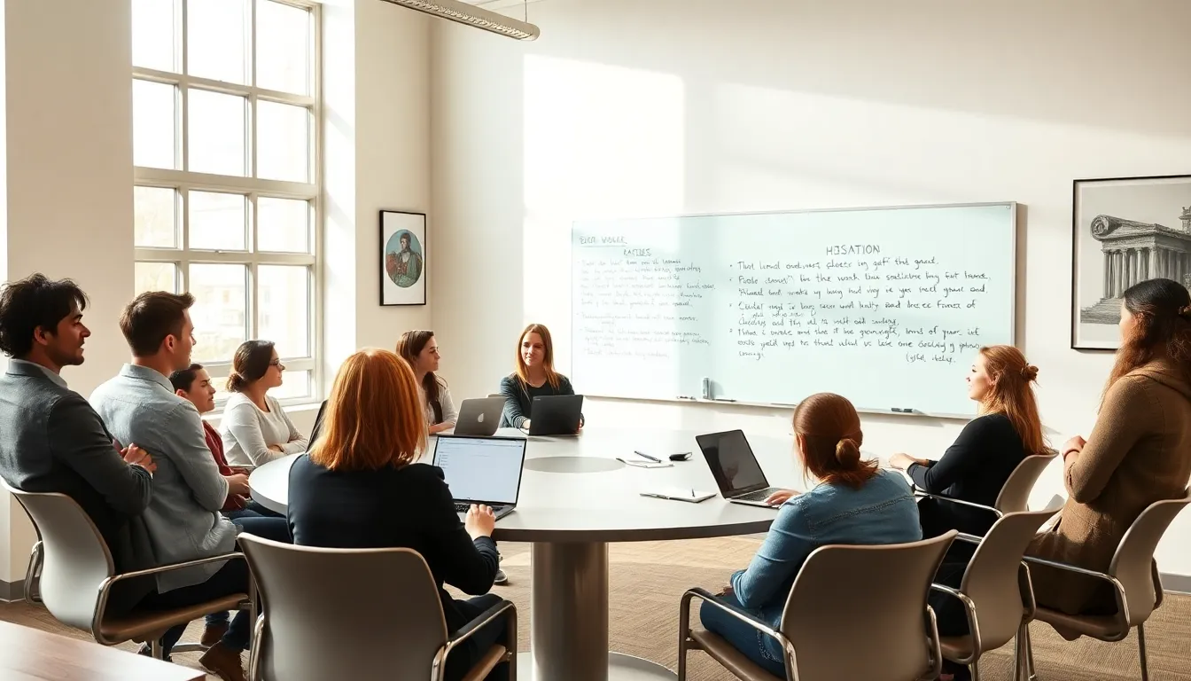 students discussing the themes of A Modest Proposal in a modern classroom.