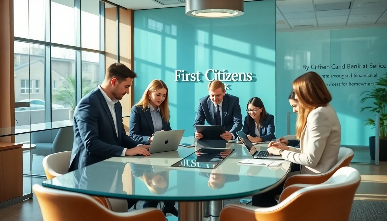 team discussing mortgage rates in a modern bank office.