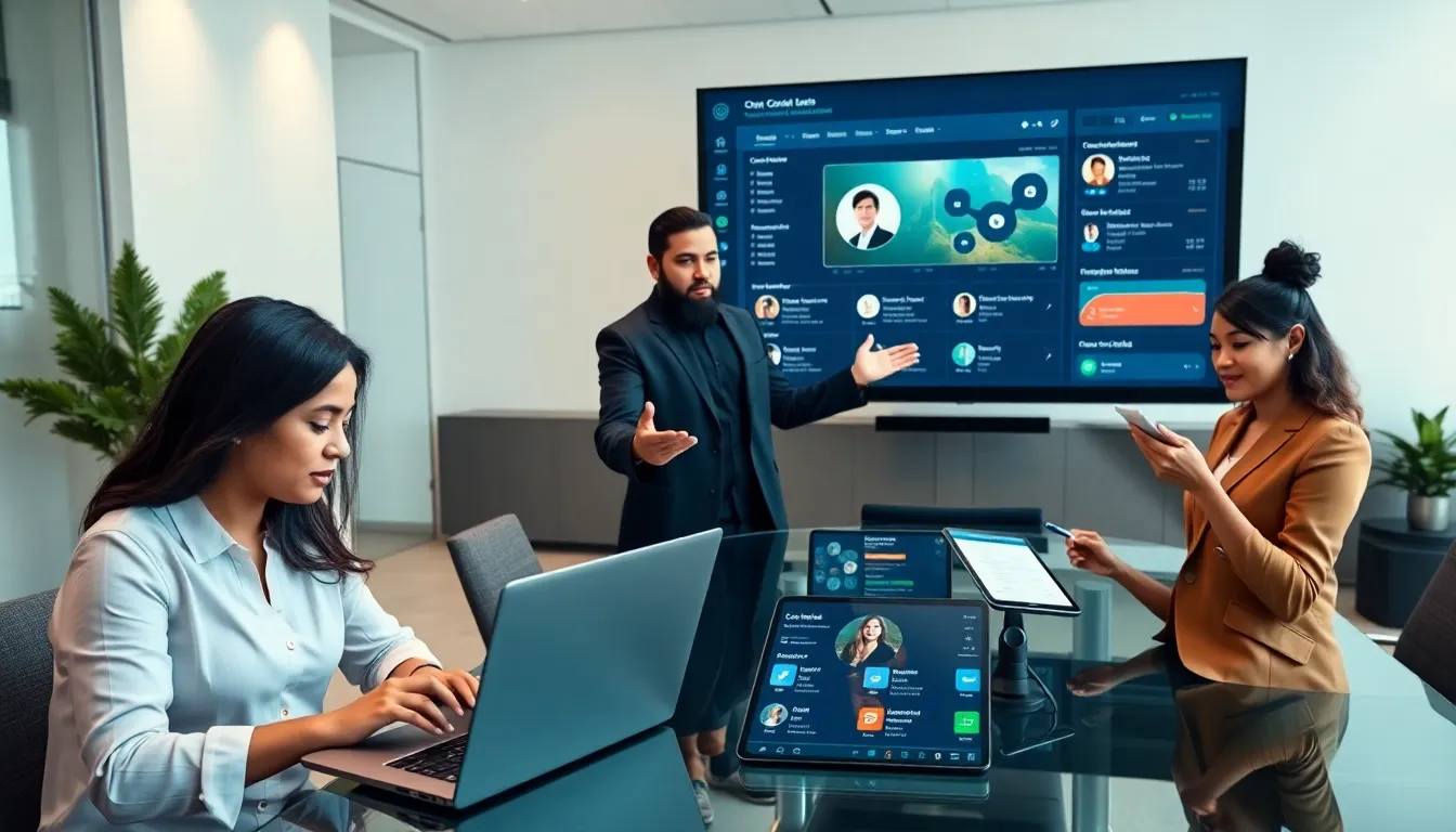 diverse professionals using a contact management app in a modern office.
