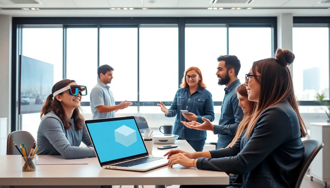diverse team of augmented reality developers collaborating in a modern office.
