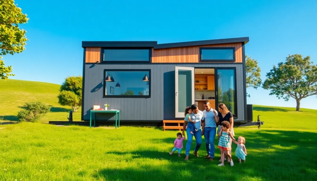 A portable tiny home with a family exploring it in a scenic outdoor setting.