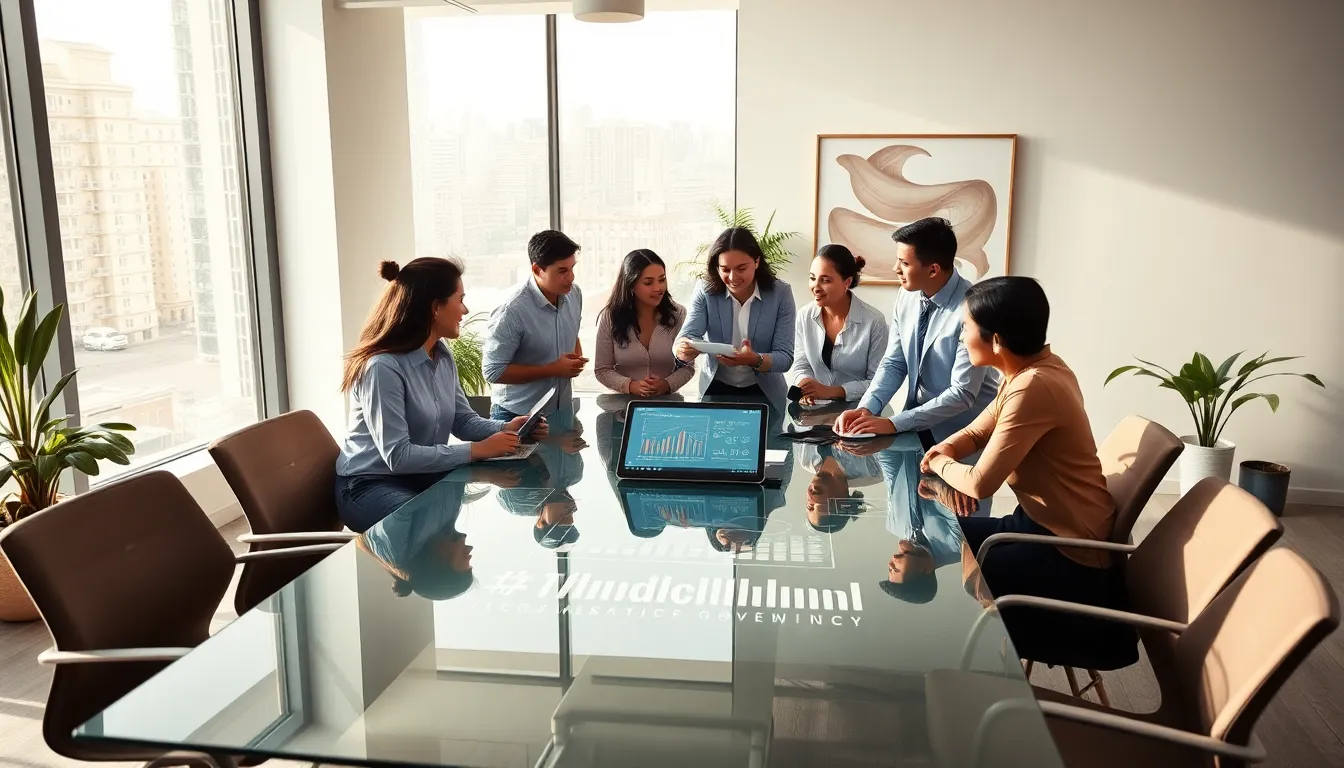 diverse professionals discussing decentralized governance in a modern office.