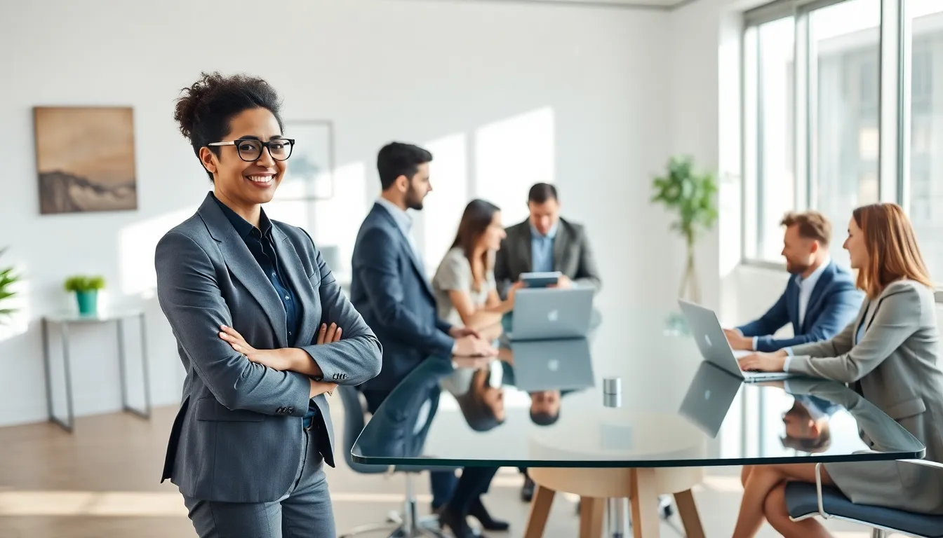 Stacy Klinger collaborating with a diverse team in a modern office.