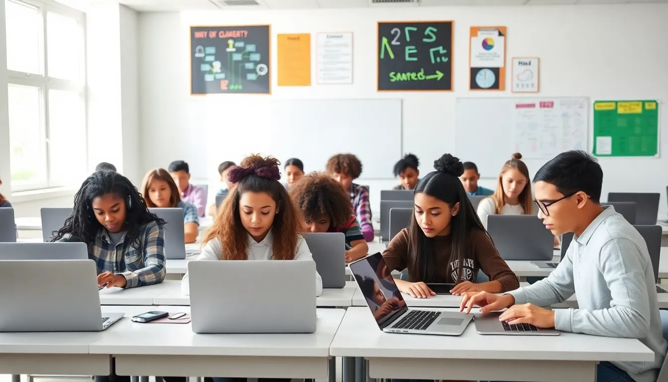 Students collaborating with educational laptops in a modern classroom.