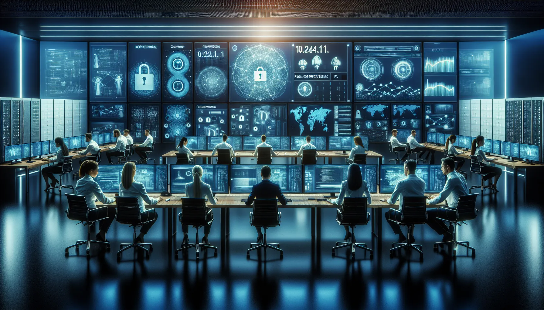 diverse IT team monitoring network security in a modern control room.