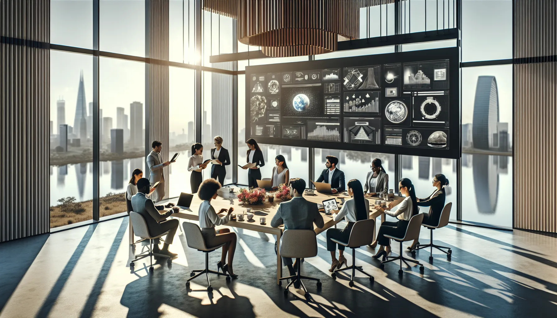 professionals discussing Leannebernda's cultural innovations in a modern office.