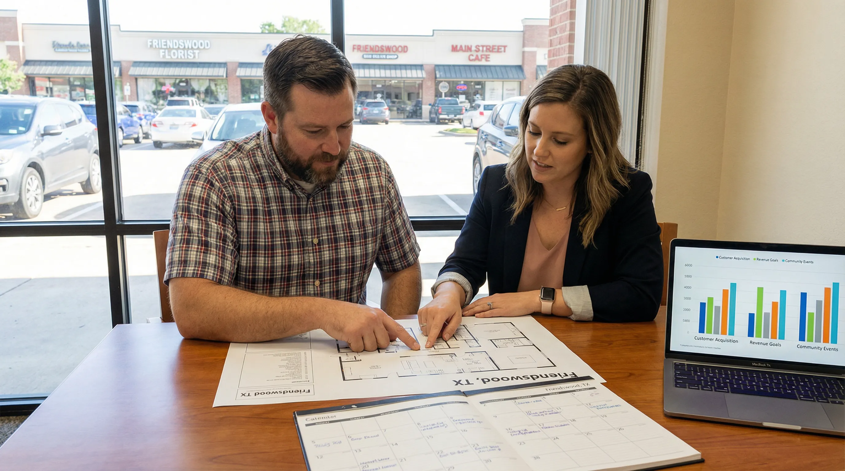 Business owner and consultant discussing printed plans and appointment schedules at a table, with charts on a laptop and a Friendswood street visible outside.