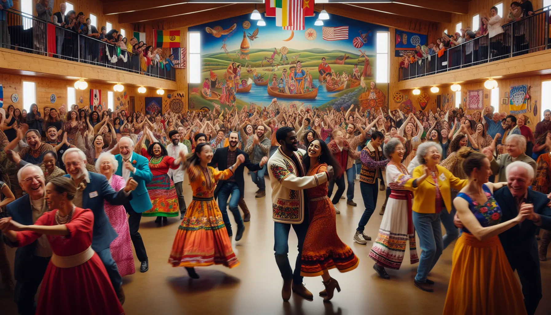 diverse group celebrating Удзеы in a modern cultural center.
