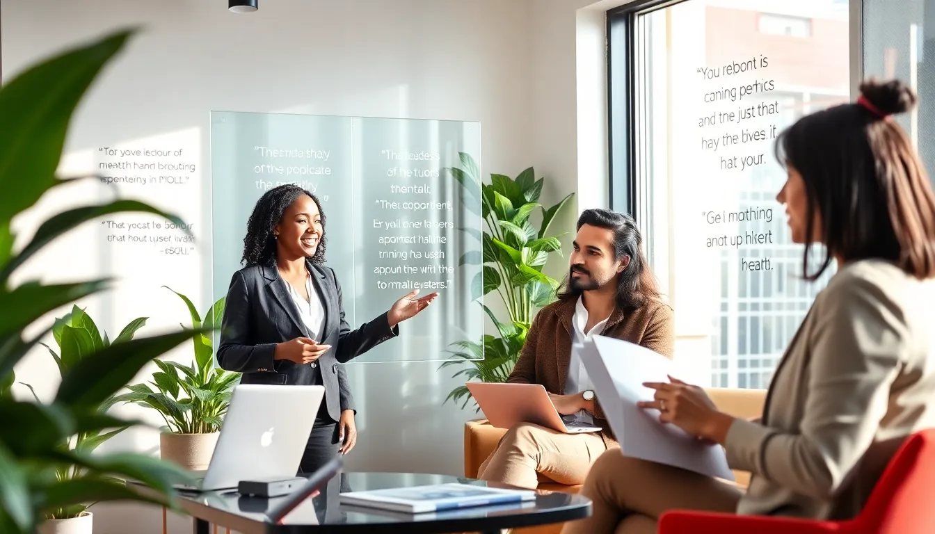 professionals discussing mental health in a modern office setting.