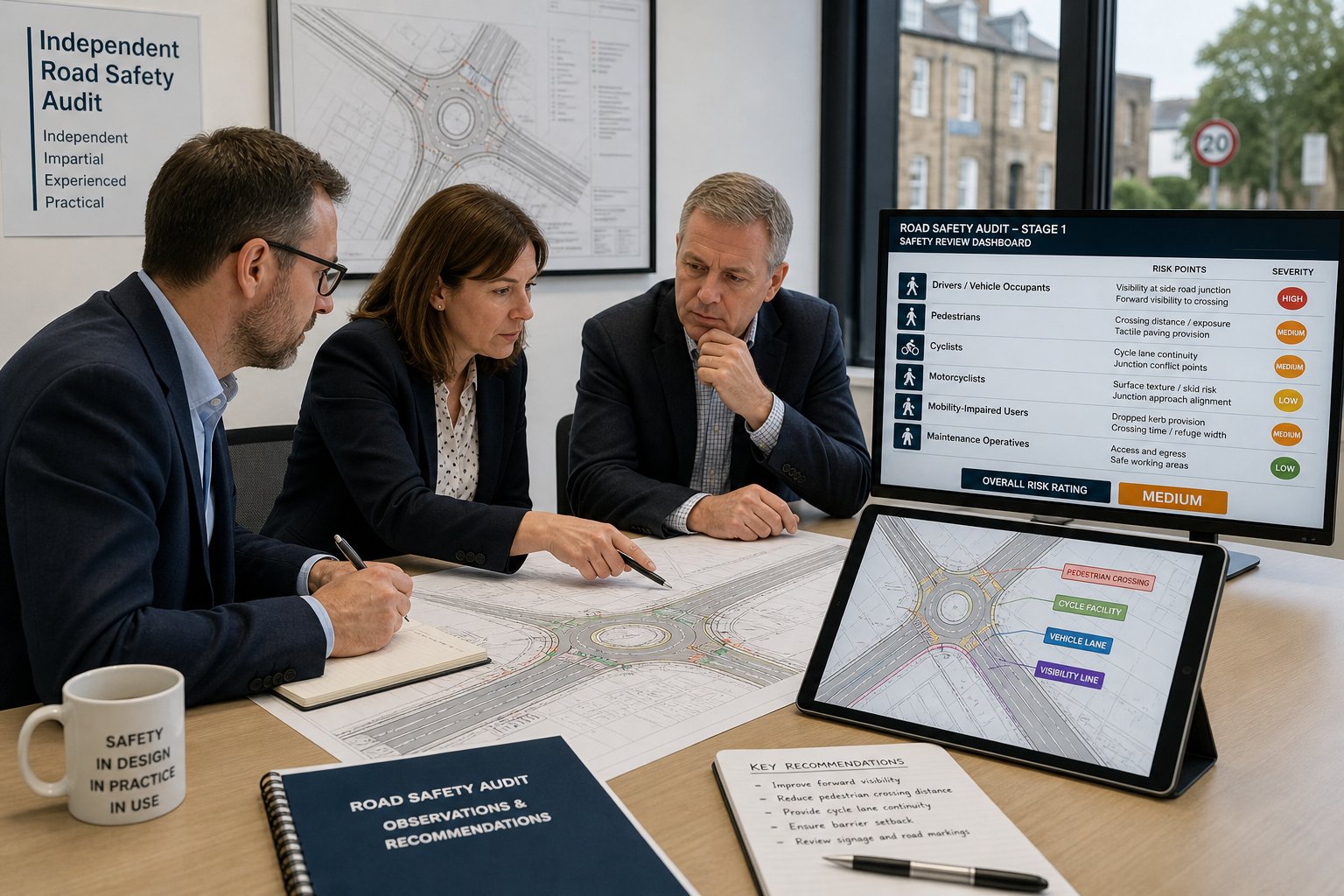 Road safety consultants reviewing a UK highway scheme in an office.