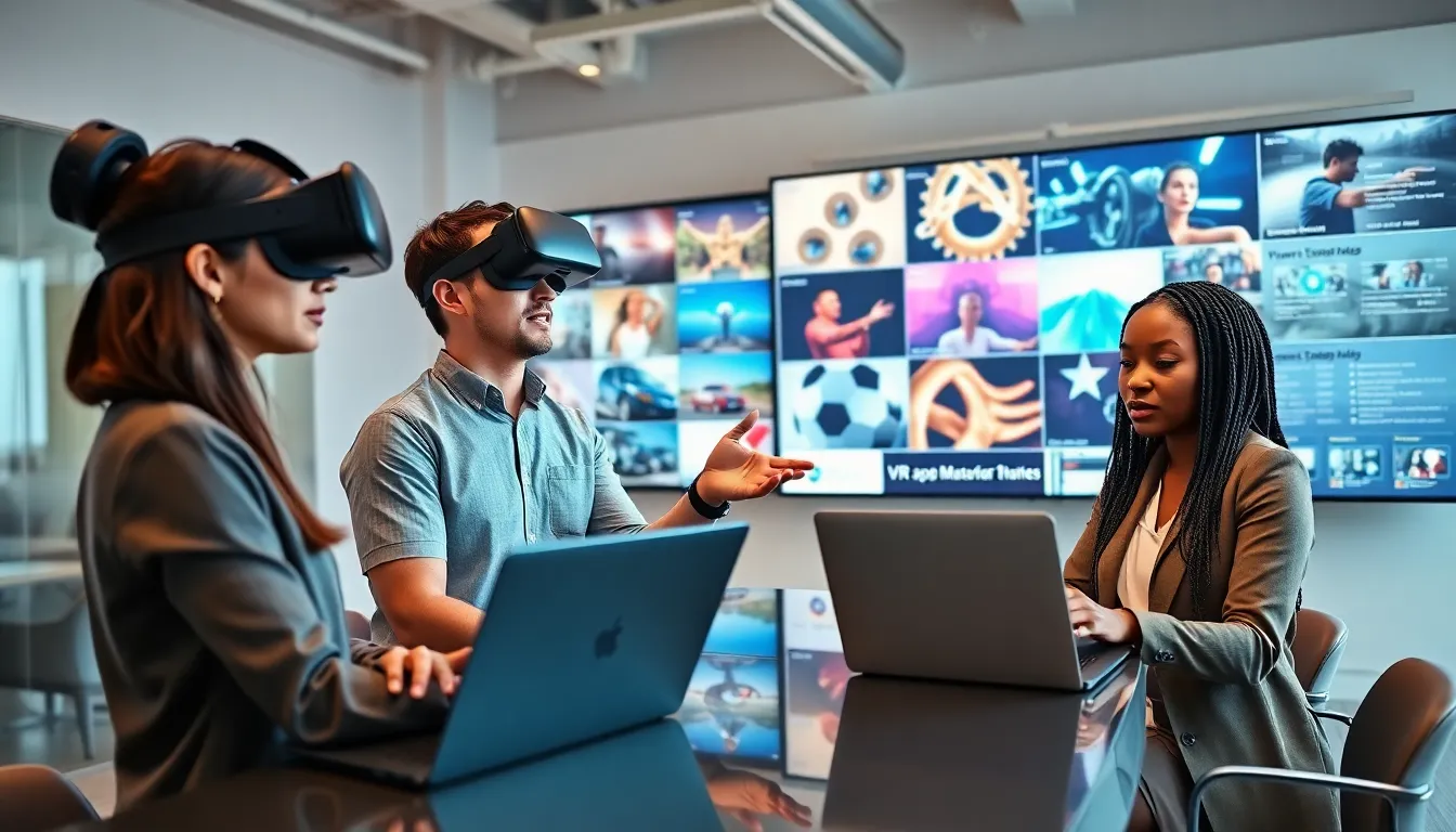 diverse team collaborating on virtual reality app development.