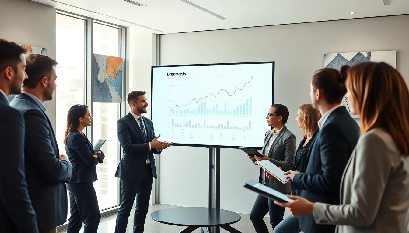 diverse professionals discussing economic trends in a modern office.