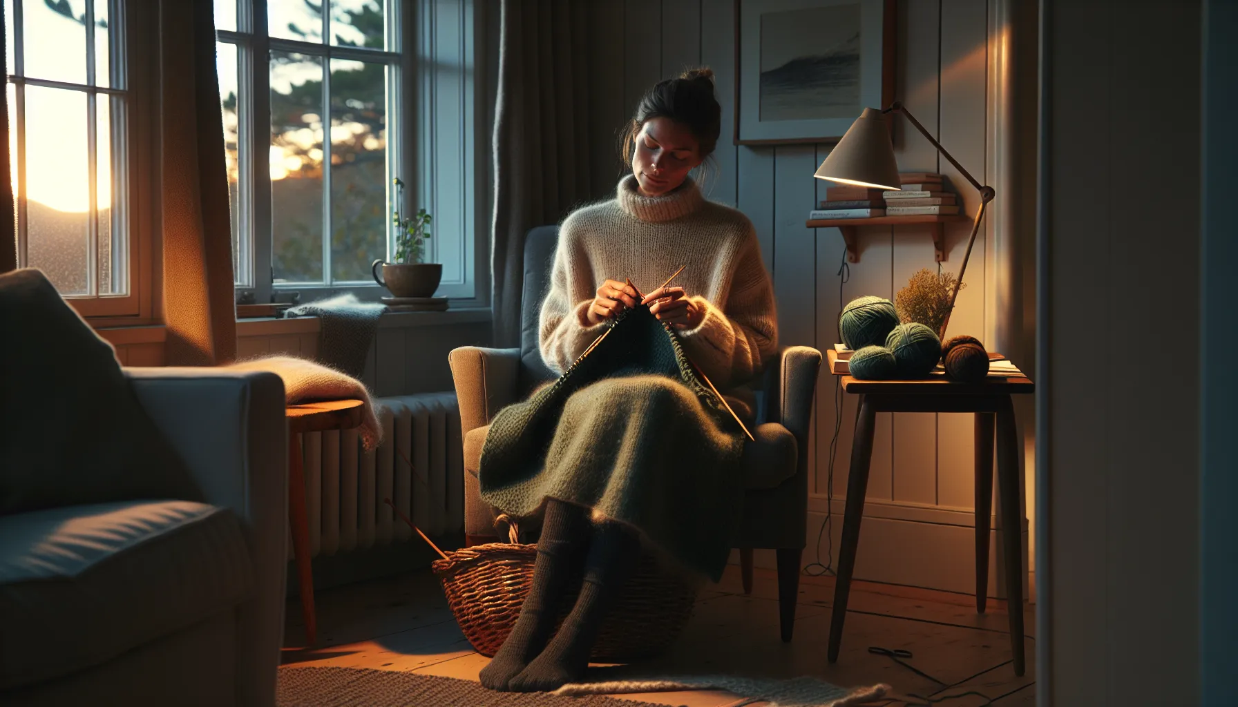 Norwegian woman calmly knitting by a window, practicing mindfulness in a cozy room.