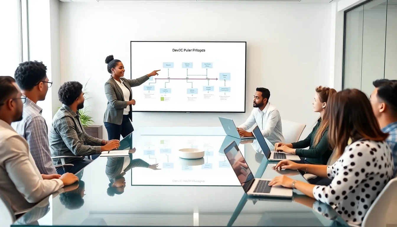 diverse team collaborating on DevOps strategies in a modern office.