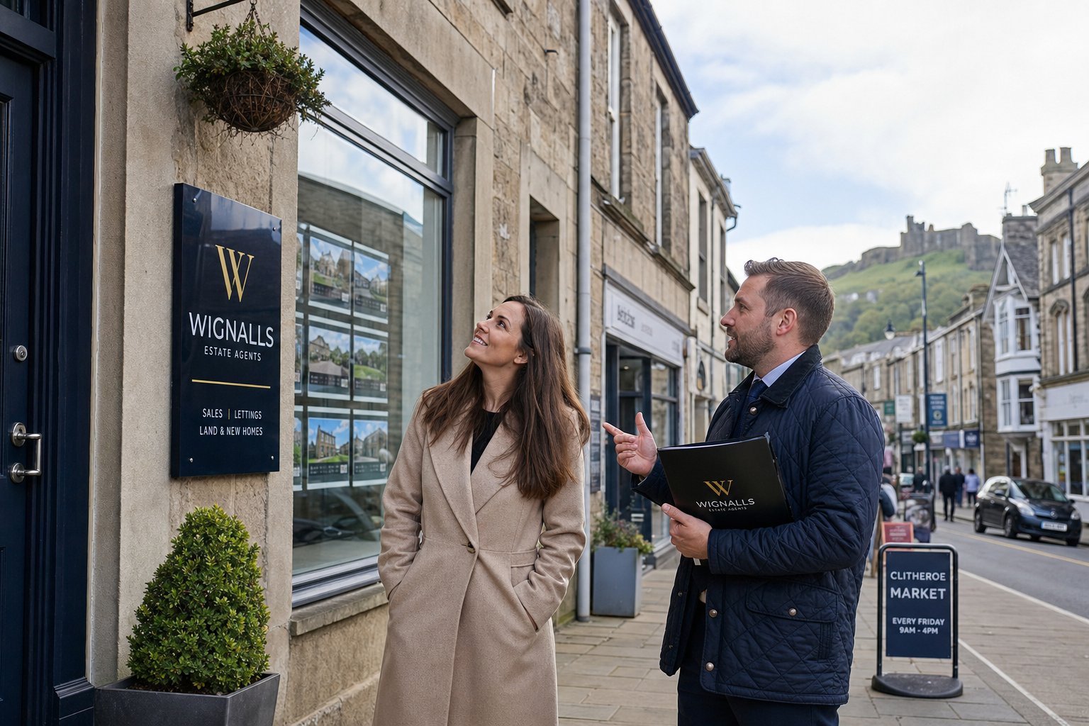 Advisor and client outside a traditional stone commercial building in Clitheroe.