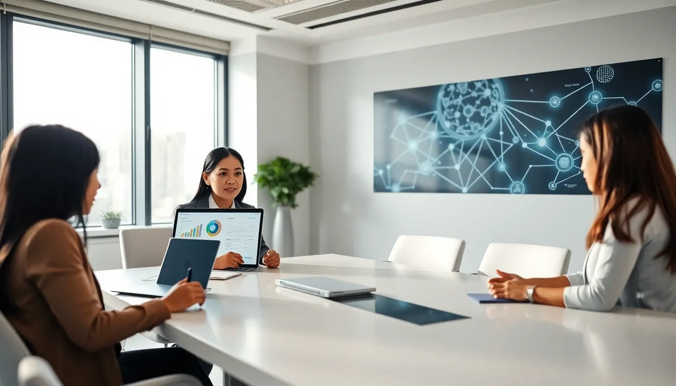 diverse team discussing digital customer experience tools in a modern office.