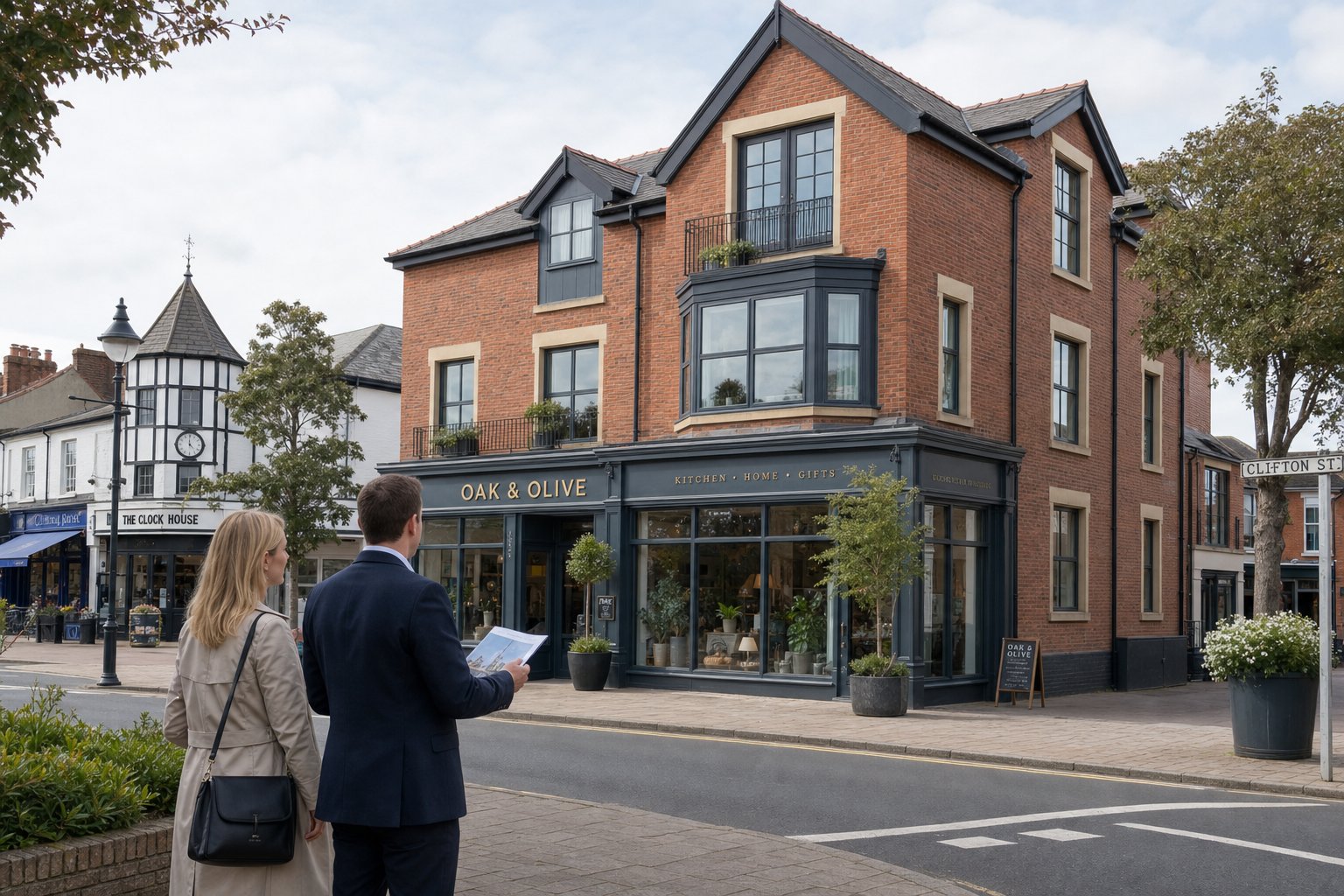 Commercial Mortgage Broker Lytham 10 Adviser and client assessing a mixed-use commercial building on a street in Lytham.