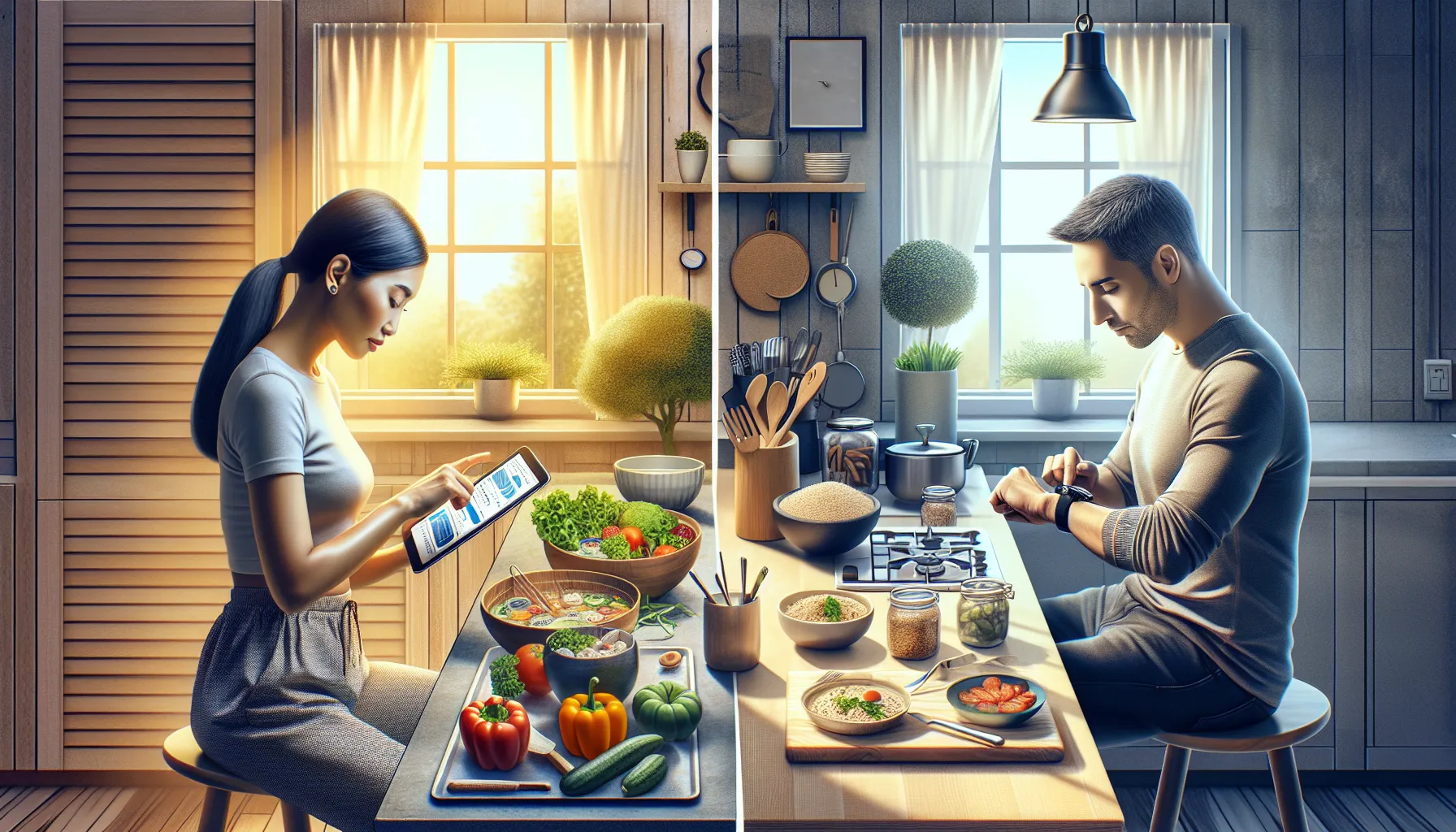 Two individuals illustrate distinct meal-time strategies—flexible fasting versus consistent routines.