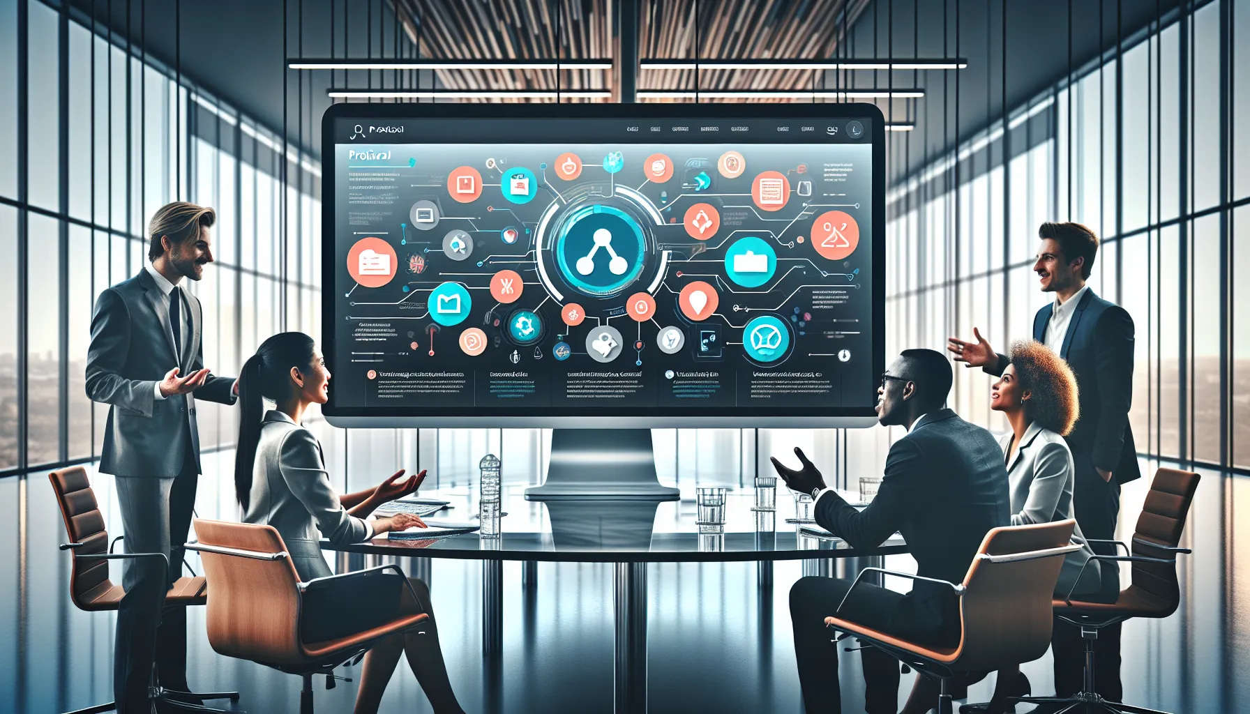 professionals discussing a user-friendly website in a modern office.