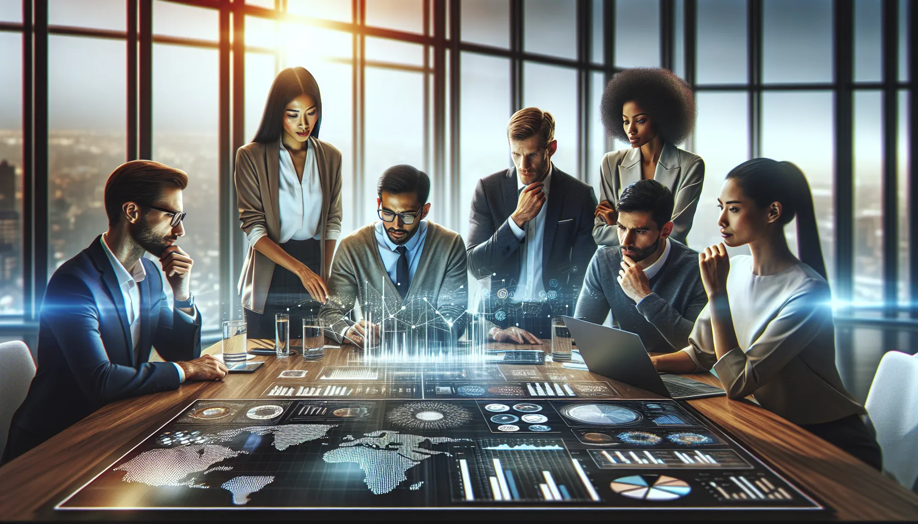 diverse professionals discussing data in a modern office setting.
