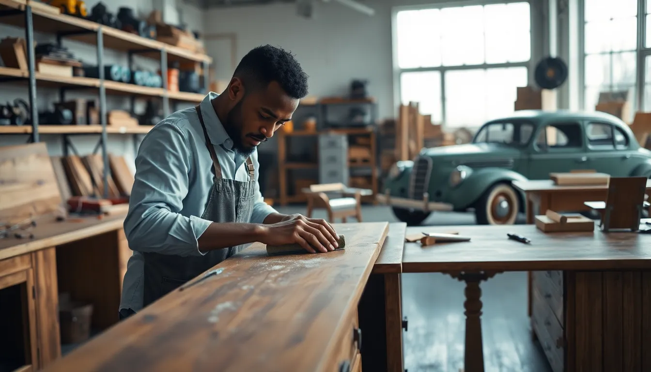 artisan restoring vintage furniture in a modern workshop.