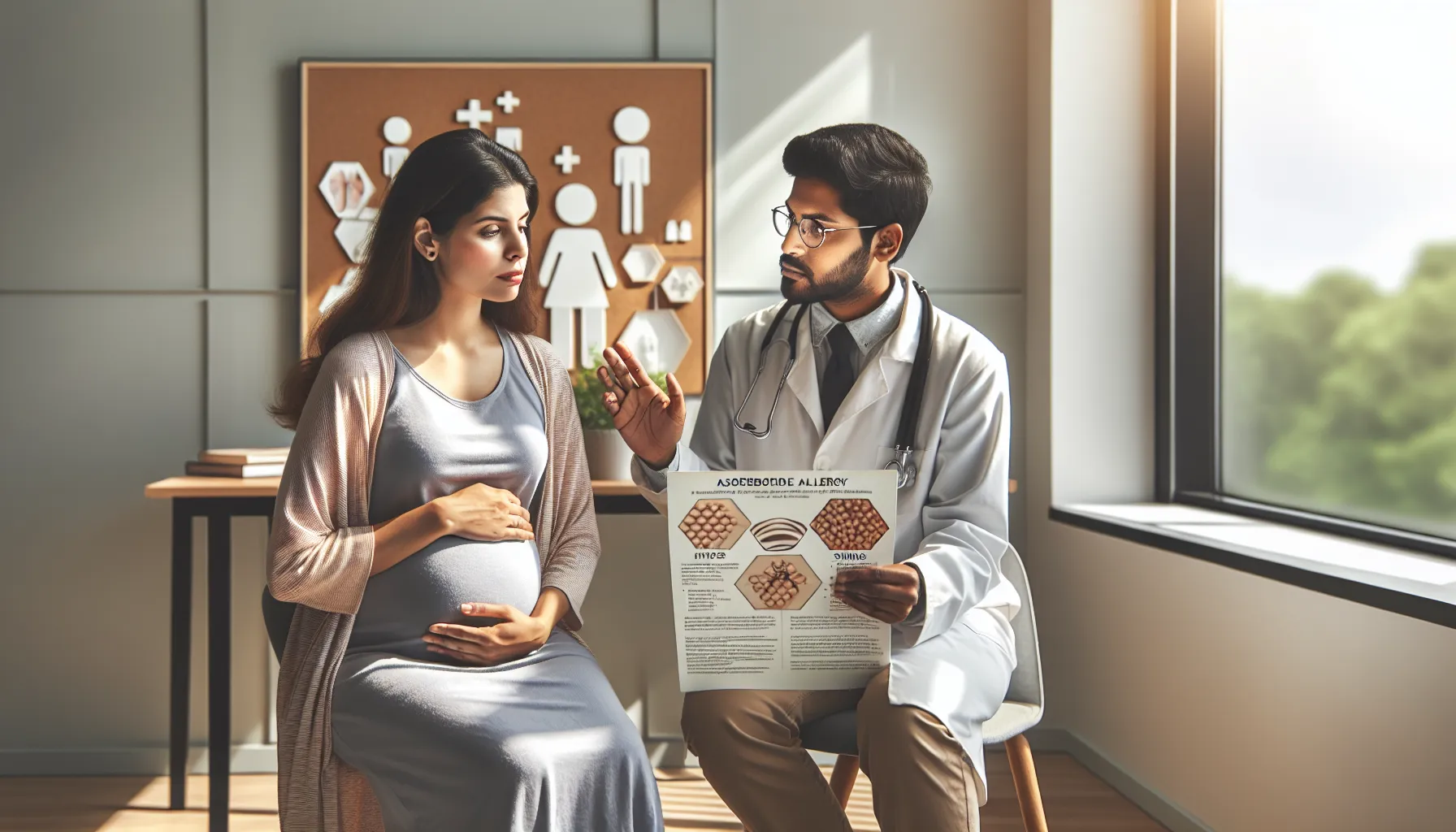 pregnant woman consulting a healthcare professional about allergy symptoms.