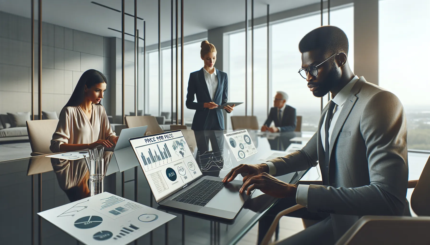 professionals calculating price per piece in a modern office.