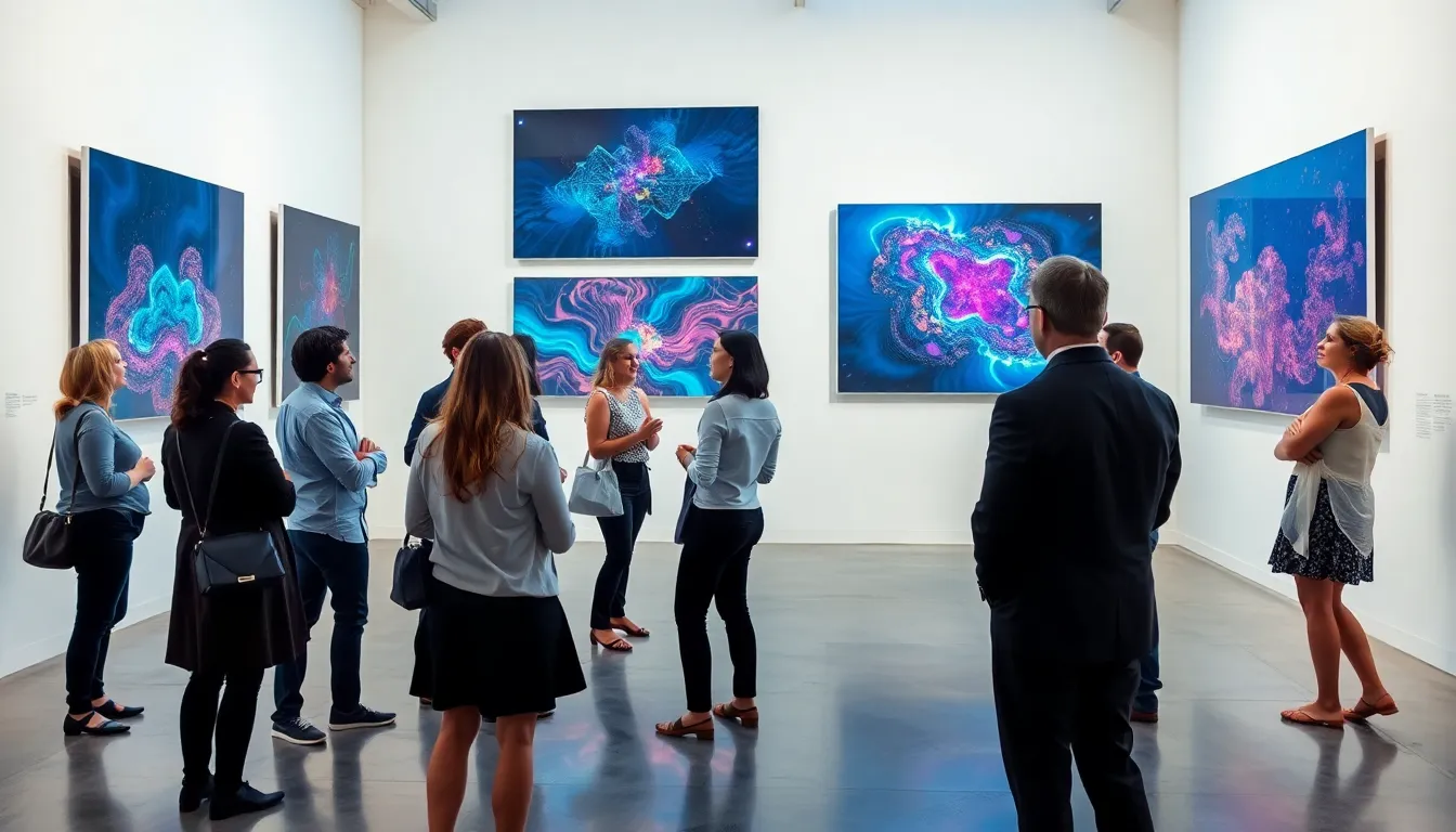 diverse artists discussing interactive digital art in a modern gallery.