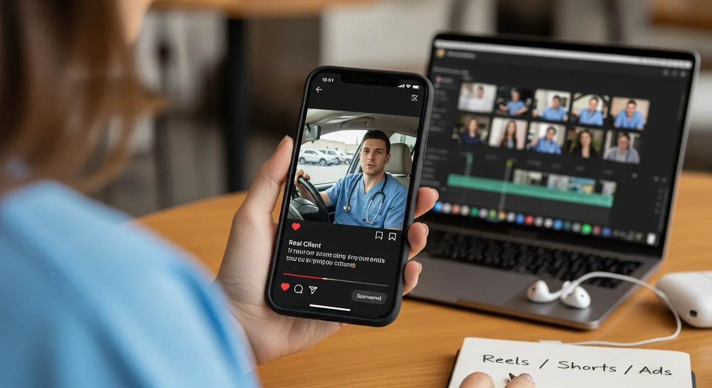 Phone showing a short, authentic video testimonial ad in a social media feed.