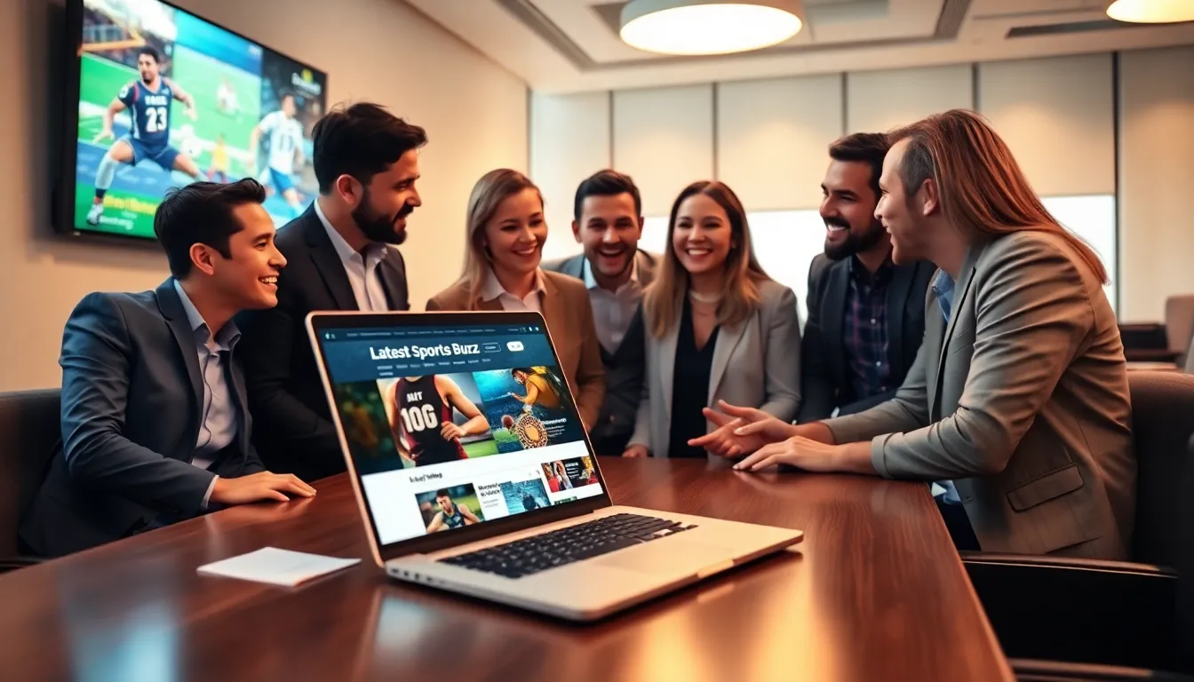 diverse professionals discussing sports in a modern office setting.