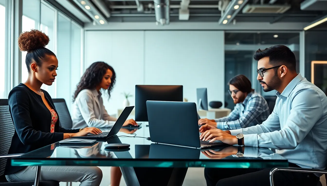 diverse professionals collaborating at a modern workspace with Rocky Hardware.