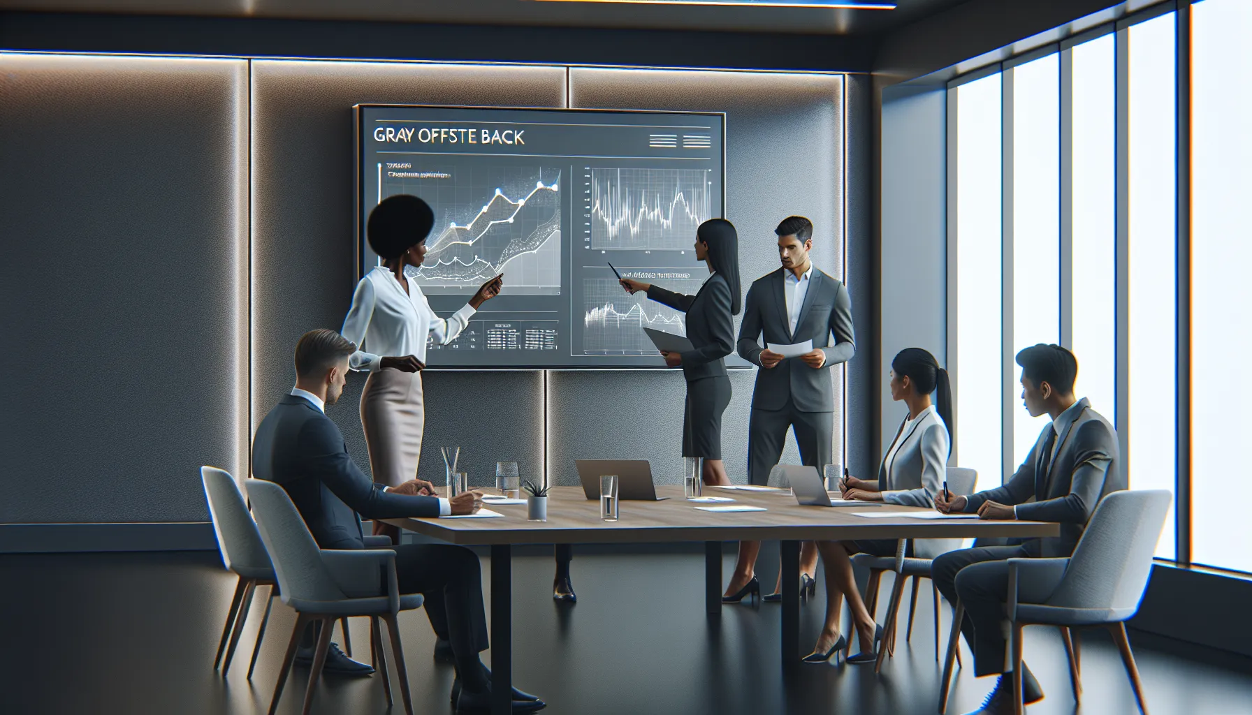 diverse team discussing grayoffsetback technology in a modern conference room.