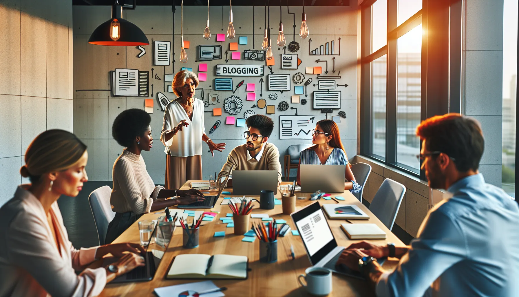 diverse team brainstorming ideas in a modern office.