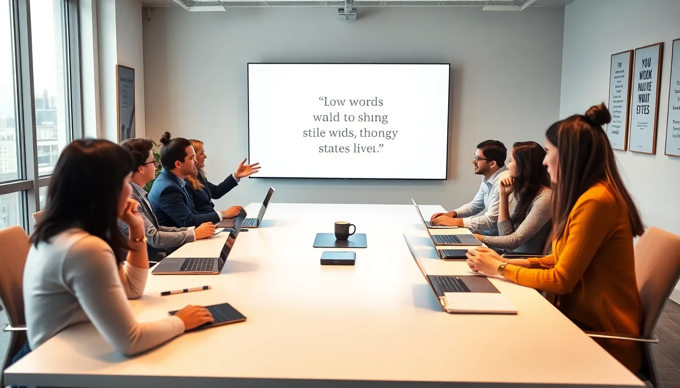diverse professionals discussing inspirational quotes in a modern office.