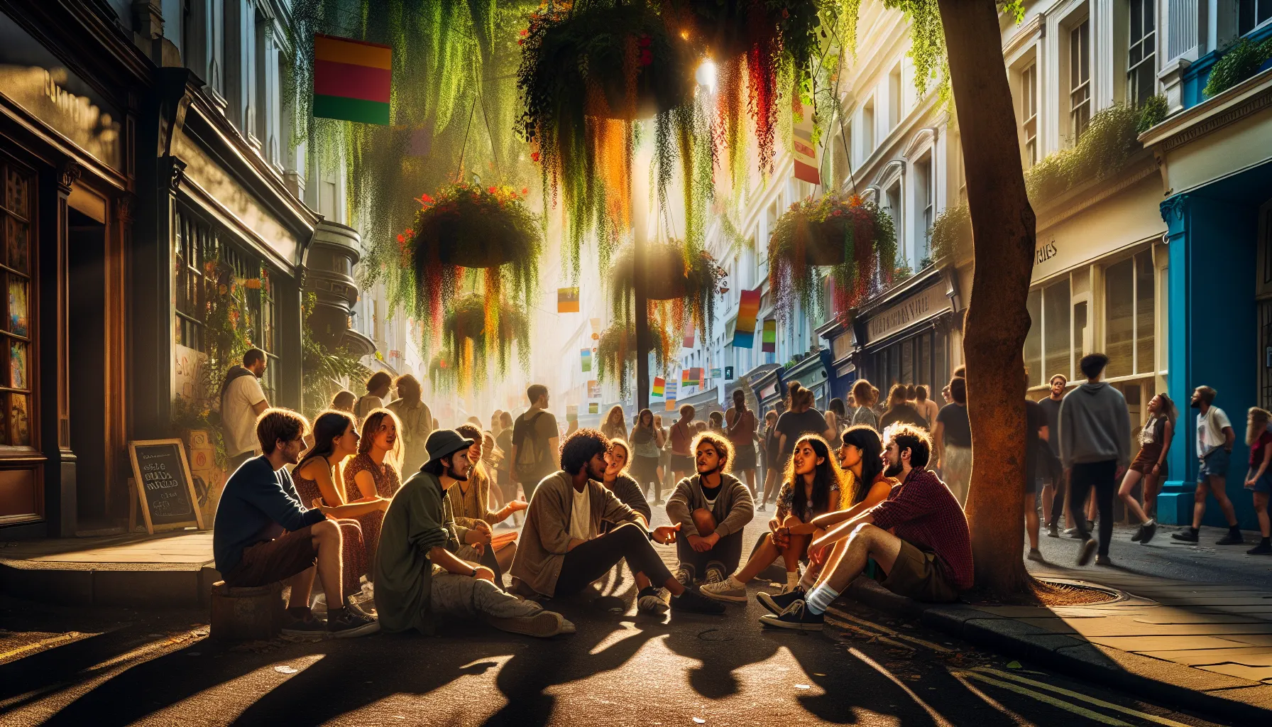 diverse individuals collaborating in a vibrant urban street scene.