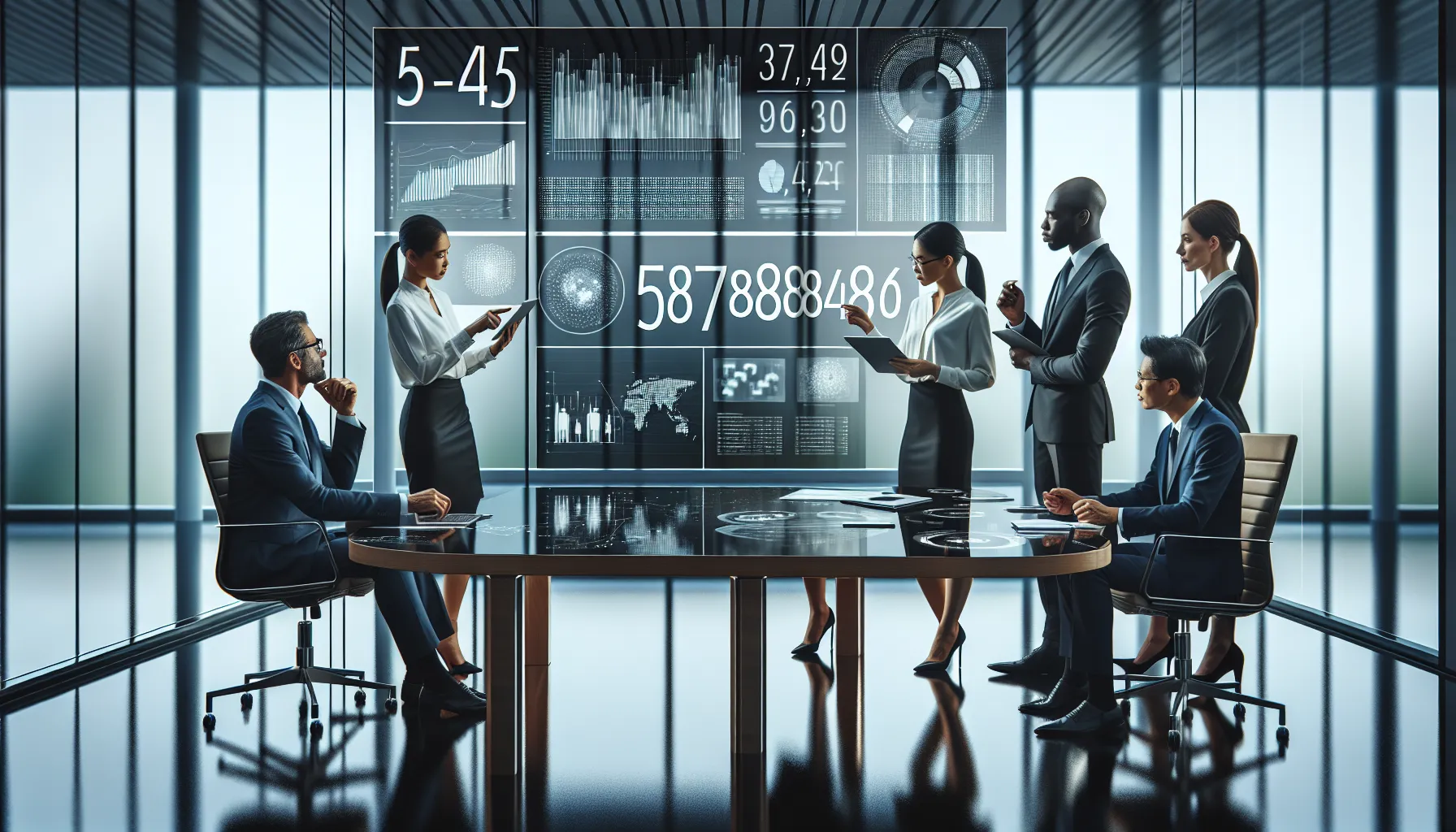 professionals discussing financial data in a modern office.