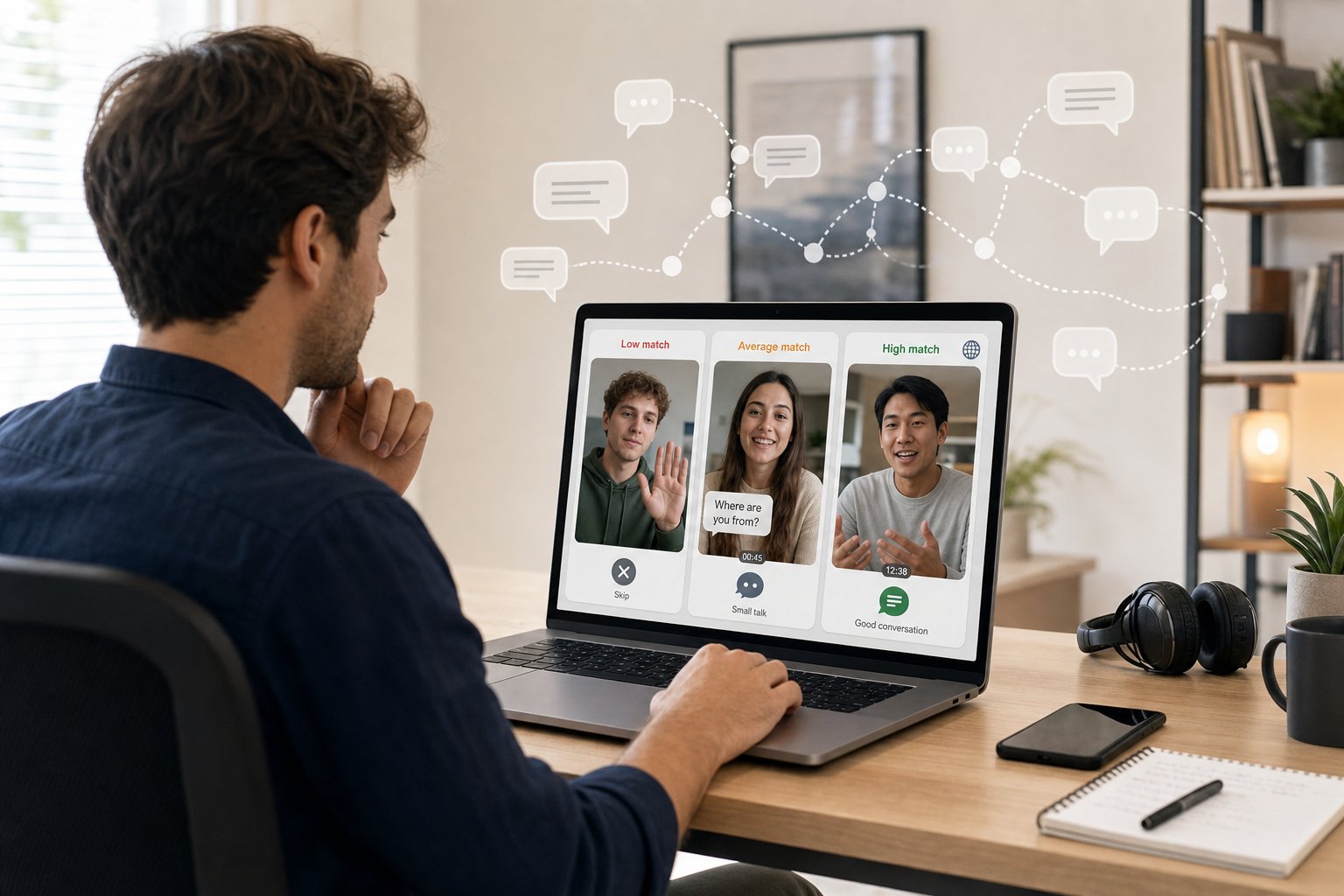 Person using a laptop for random video chat and language practice outcomes.