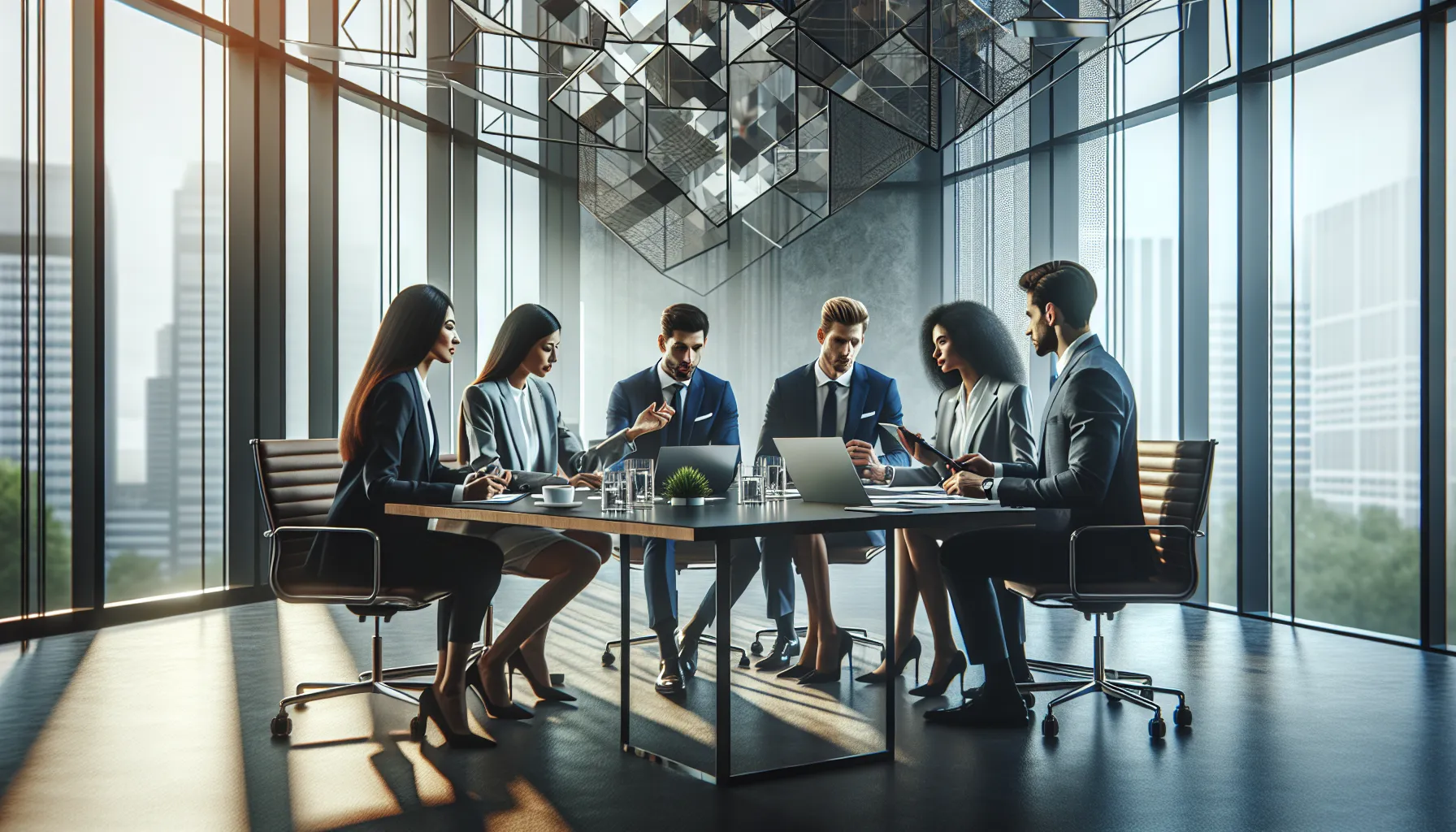 diverse team discussing calls in a modern office setting.