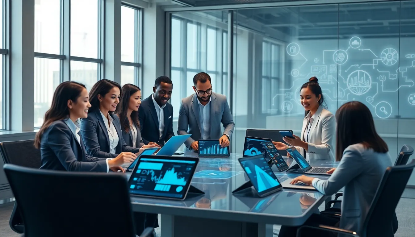 diverse professionals collaborating in a high-tech workspace.