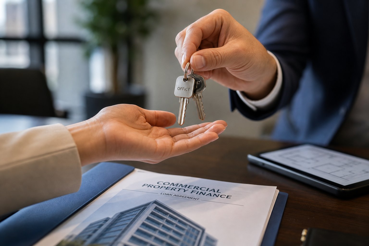 Commercial Mortgage Broker Stockport - Purchase and Refi 12 Hands exchanging office keys over property paperwork in a commercial finance setting.