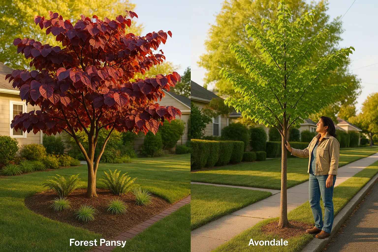 Two Cercis trees side-by-side: broad purple Forest Pansy and upright green Avondale.